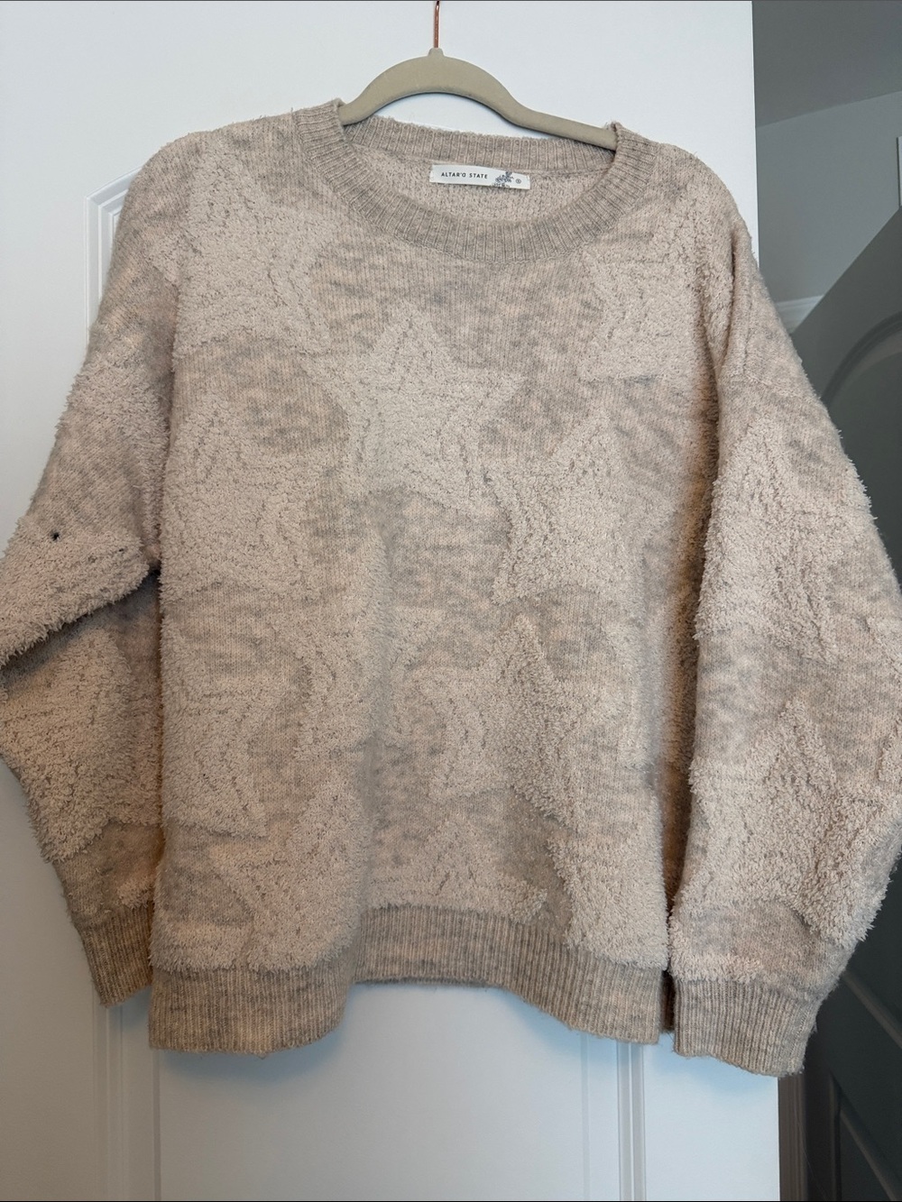Altar'd State Plush Star-Textured Crew Sweater - Beige